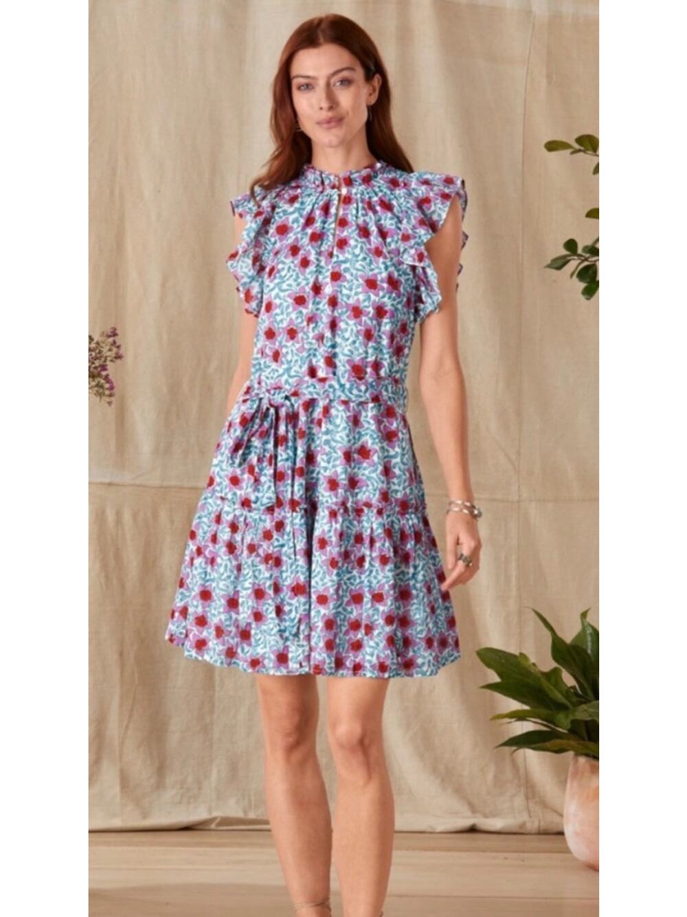 Oliphant Jardin Floral Dress Tiered Ruffle Light Cotton India Print Size Large